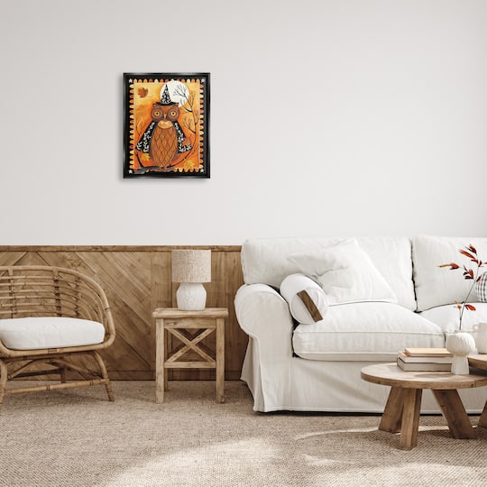 Stupell Industries Seasonal Autumn Owl Moonlit Night Framed Floater Canvas Wall Art